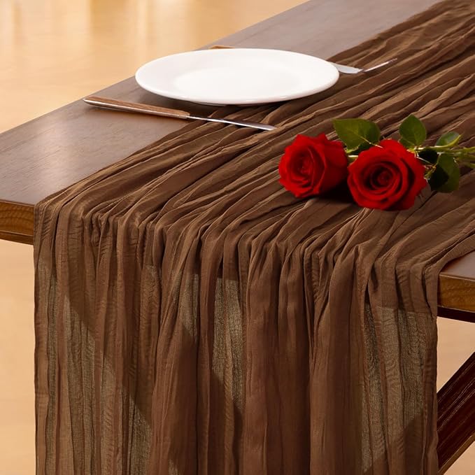 Socomi Brown Coffee Cheesecloth Table Runner Valentine's Day Boho Rustic Gauze 120 inch 10FT Cheese Cloth Runner for Wedding Party Baby Shower Birthday Home Decor Holiday Decorations