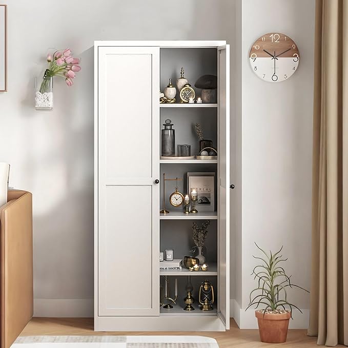 Kitchen Pantry Storage Cabinets with 4 Adjustable Shelves, 61" Tall Kitchen Cupboard Metal Food Pantry Cabinet for Kitchen, Dining Room, Living Room and Bathroom, Assembly Required(White)