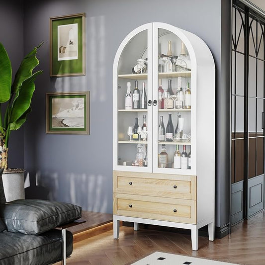 HLR 71" Tall Arched Storage Cabinet, Modern Farmhouse Kitchen Pantry Cabinet with Glass Doors and 2 Drawers, Versatile Display Cabinet for Kitchen, Dining Room, Living Room