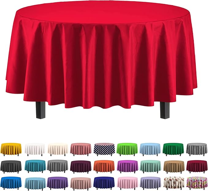 Party Solids Pack Of 6 Premium Plastic Tablecloth 84 Inch Round Plastic Table Cover - Red