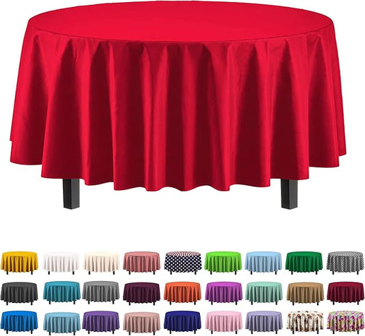 Party Solids Pack Of 6 Premium Plastic Tablecloth 84 Inch Round Plastic Table Cover - Red