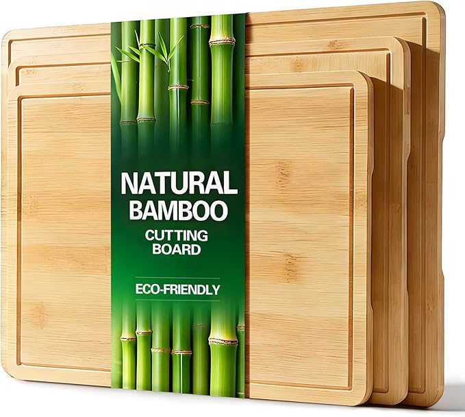 Zarler Bamboo Cutting Boards for Kitchen, 3 Piece Durable Wood Cutting Board with Juice Grooves and Handles, Wooden Chopping Borad Set for Meal Prep, XL Size, Ideal Kitchen Gift