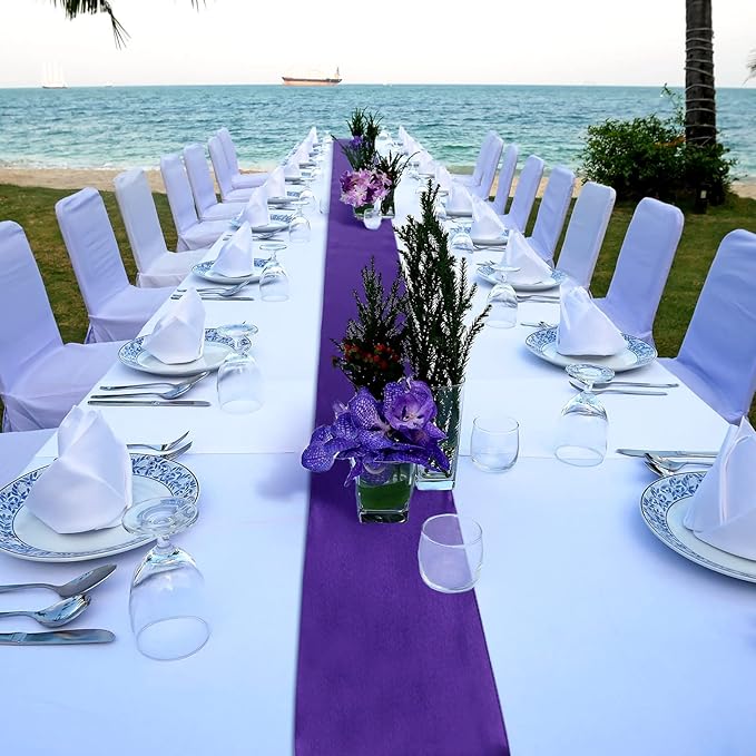 Bencailor 24 Pcs Purple Satin Table Runner Bulk 12 x 108 Inches Long Table Runners Bright Smooth Fabric Tablecloth for Wedding Banquet Birthday Valentines St Patrick's Day Party Decorations