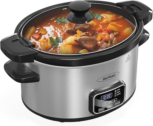 4qt Slow Cooker, Programmable Slow Cooker with Locking Lid, Removable Ceramic Pot, 3 Heating Settings & Time Control, Mini Food Warmer with Dishwasher-safe Lid & Pot, Silver