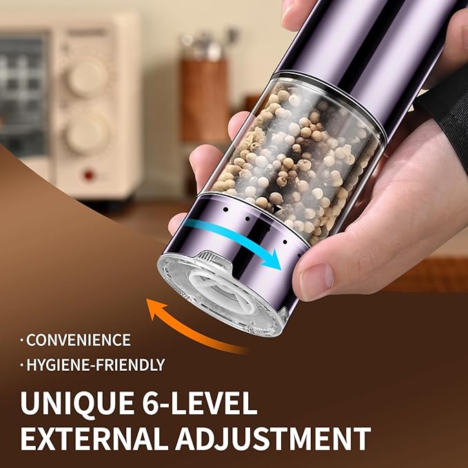 Electric Salt and Pepper Grinder Set Automatic Refillable Salt and Pepper Grinders with LED Light Pepper Grinder Kitchen Gadgets Adjustable Coarseness,One Handed Operation, Large Capacity