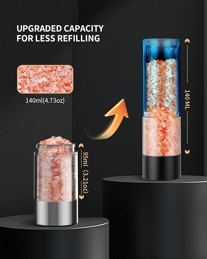 CIRCLE JOY Electric Salt and Pepper Grinder Set with 2-in-1 Charging & Storage Base, Rechargeable Automatic Pepper Mill, Adjustable Coarseness, LED Light, 140ml Capacity