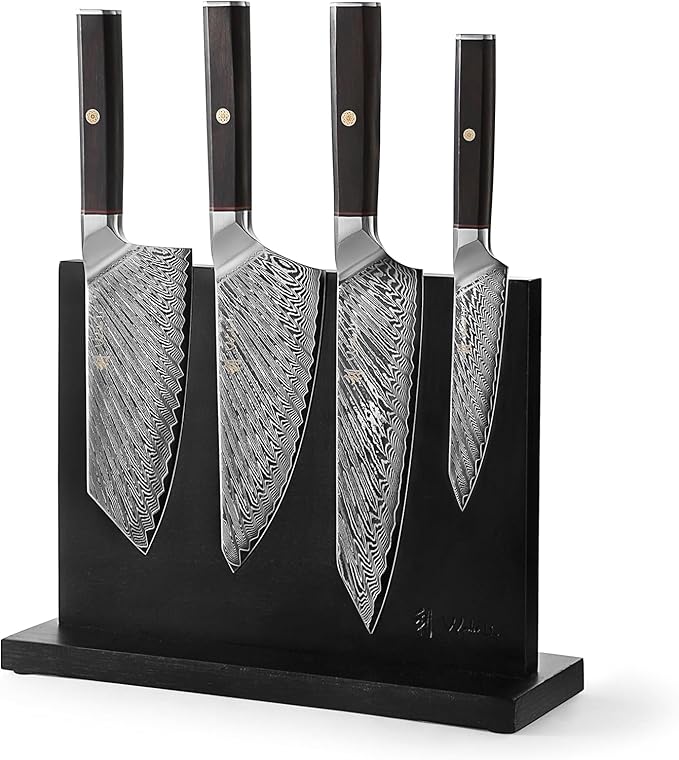 Wakoli Culinary Asia Damascus 4-Piece Knife Block Set with Magnetic Block ??Professional Kitchen Knives made of 67-Layer Damascus Steel Blades & VG10 Core ??Ergonomic Dark Oak Wood Handles in Gift Box
