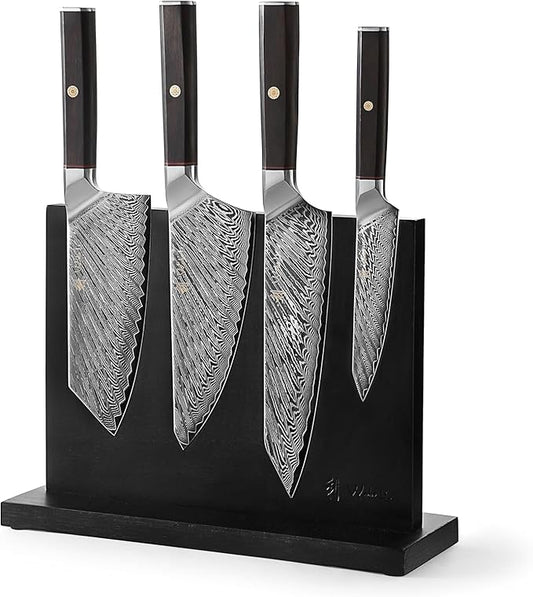Wakoli Culinary Asia Damascus 4-Piece Knife Block Set with Magnetic Block ??Professional Kitchen Knives made of 67-Layer Damascus Steel Blades & VG10 Core ??Ergonomic Dark Oak Wood Handles in Gift Box