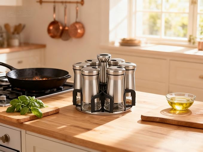 360째 Rotating Spice Rack竊똕pice Rack Organizer for Cabinet - Includes 6pcs Glass Spice Jars and Labels,Spice Storage, Cooking, Outdoor BBQ,(Spices Not Included) (Modern)