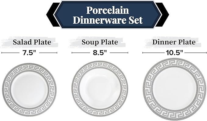 48 Piece Porcelain Dinnerware Sets for 12 ??Plates and Bowls ??White with Silver Greek Key Design Dish Set for Kitchen Table, Everyday Dining or Formal Occasions (Meander Silver)