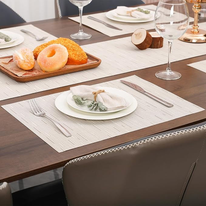 Myir JUN Placemats Set of 4, Vinyl Woven Placemats Place Mats Indoor Set of 4 Washable Table Mats Non-Slip Place mats for Dining Table (B-Off White, Set of 4)