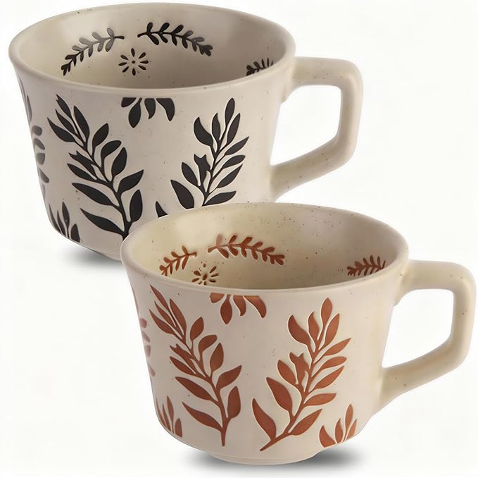 Ceramic Coffee Mugs Set, 12 oz Vintage Tea Cups with Handle for Latte, Cappuccino, Espresso, Mocha, Hot Tea, Dishwasher & Microwave Safe for Families and Couples Gifts竊늆et of 2 Bean Leaves