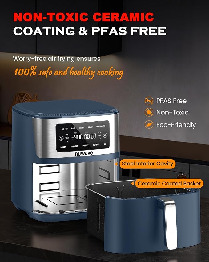 Nuwave Brio Plus 6-in-1 Air Fryer, 7-Qt Large Capacity, 50°F??00°F Precise Temp Control, Non-Toxic PFAS-Free Nonstick, Air Fry, Bake, Roast, Toast, Dehydrate, Reheat, 100 Presets, Dishwasher Safe