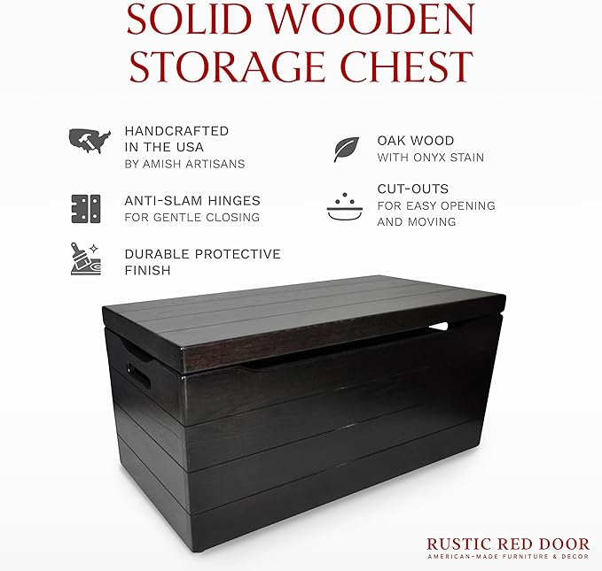 Hope Woodworking Amish Made Wooden Storage Chest Trunk Box with Lid and Handles for Bedroolanket, Clothes, Anti-Slam Hinges, Handmade, Rustic, Oak Wood, Onyx Stain, 36"