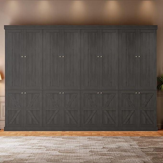 Vyre 70.8" Tall Bookshelf with Doors, Farmhouse Modular Bookcase with 4-Tier Adjustable Shelves, Large Storage Cabinet for Home Office, Living Room, Black, Set of 2