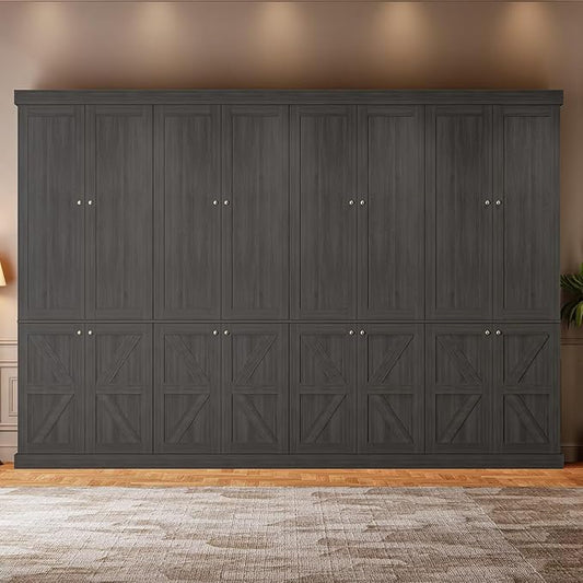 Vyre 70.8" Tall Bookshelf with Doors, Farmhouse Modular Bookcase with 4-Tier Adjustable Shelves, Large Storage Cabinet for Home Office, Living Room, Black, Set of 4