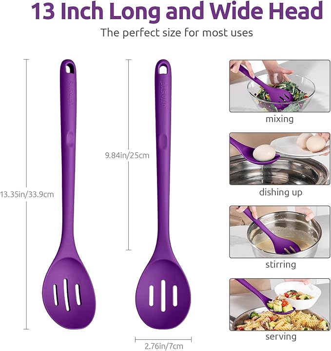 600쨘F Heat Resistant Slotted Spoon: U-Taste 13.3in Solid Kitchen Cooking Spoon, Nonstick Food Grade Large & Long Rubber Utensil for Mixing, Serving, Stirring, Basting, Frying, Draining (Purple)