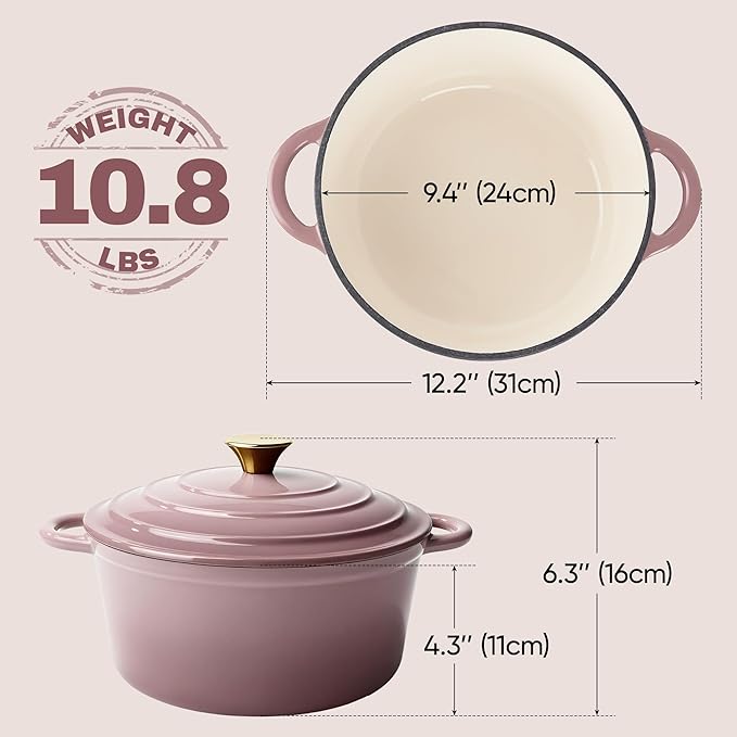 Vintage Style 4.5 Quart Dutch Oven Pot with Lid, Non Stick Enameled Cast Iron Dutch Oven for Bread Baking, Heavy-Duty, Oven Safe Ceramic Cookware Up to 500째F for Baking, Braising, Stews, Roasting, Pink