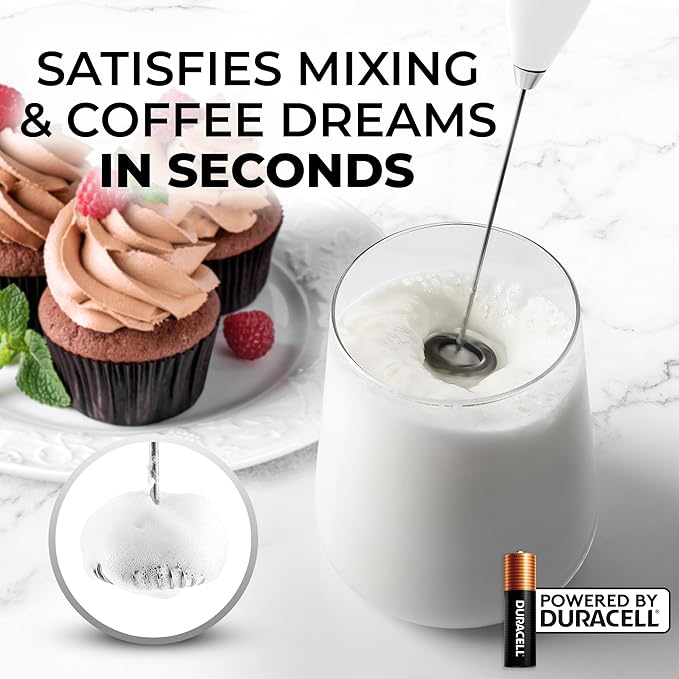 Zulay Kitchen Milk Frother Handheld Electric Whisk with AA Duracell Batteries ??Durable Drink Mixer for Coffee, Lattes, Cappuccinos & More - White