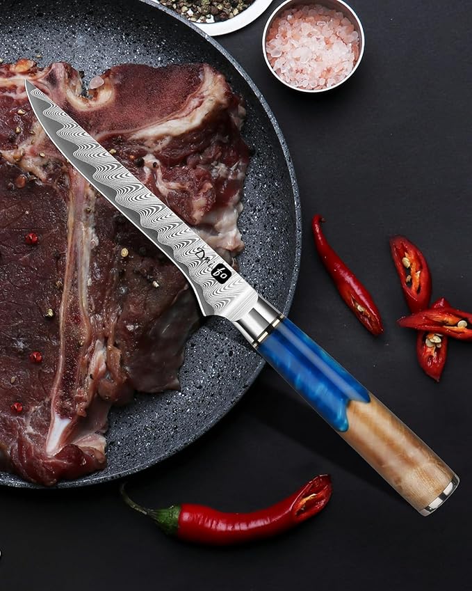 Damascus Boning Knife 6 Inch,VG10 Core Steel with 66-Layers High Carbon,Professional Boning Knives for Meat Poultry Chicken,Blue Resin & Wood Handle,Ideal Gift for Chefs and Cooking Lovers