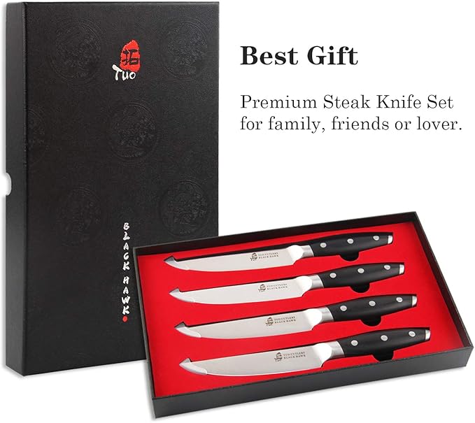 TUO Steak Knife - 5 inch Professional Kitchen Steak Knife Set 4 Table Dinner Knife - German HC Stainless Steel - Non Slip Pakkawood Handle - BLACK HAWK SERIES Including Gift Box