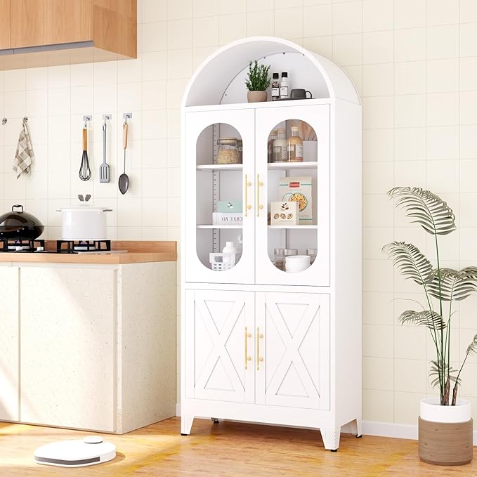 73" H Metal Tall Arched Kitchen Pantry Cabinet, Modern Farmhouse China Storage Cabinets with Glass Door and Adjustable Shelves, Versatile Cupboard for Kitchen, Dining Room, Bathroom (White)