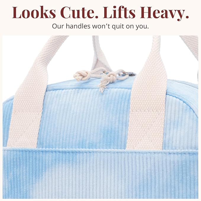 LOVELYWIND Insulated Sky Blue Lunch Bag for Women, Stylish Corduroy Tote with Aluminum Lining, Large Capacity Reusable Cooler for Work, Travel, or Beach, Beige Cream Water-Resistant Lunch Box