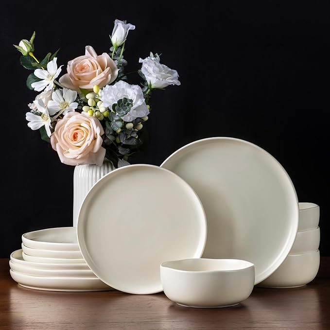 AmorArc Ceramic Dinnerware Sets, Wavy Rim StonewarePlates and Bowls Sets, Highly Chip and Crack Resistant | Dishwasher & Microwave & Oven Safe Dishes set, Service for 6 (18pc)