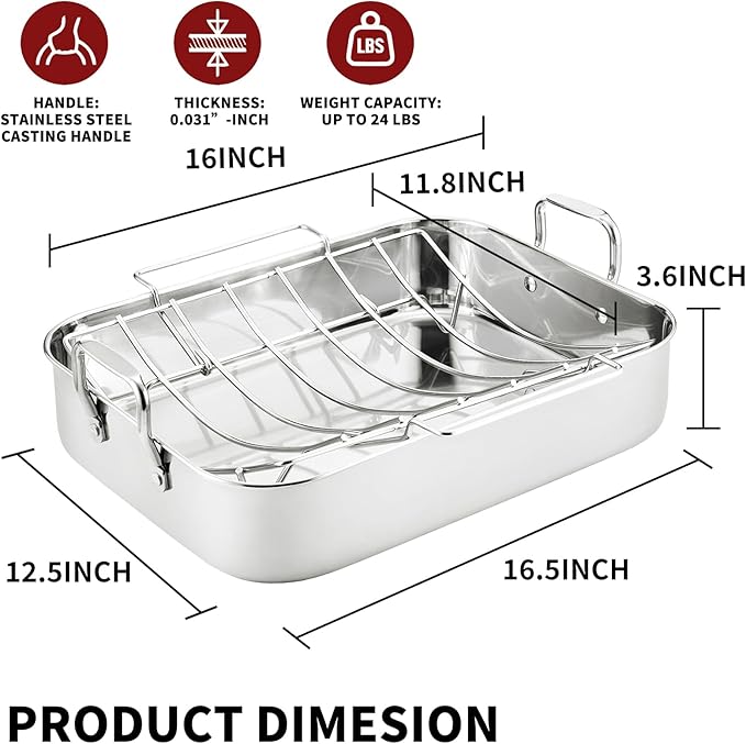 16.5inch Roasting Pan with U-Shape Rack - Stainless Steel Large Turkey Roaster Pan for Turkey, Chicken, Ham Roaster with V-Shaped Baking Rack Heavy Duty Dishwasher Safe, Hold up to 22LB