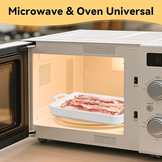 Bacon Cooker for Microwave Oven,Ceramic Microwave Bacon Tray,White Bacon Cooker Meat Rack for Oven, Square Baking Tray,Multi-Functional Microwave bacon Cooker,Microwave-Safe