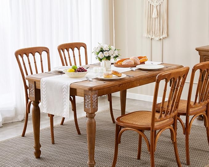 Wracra Embroidered Table Runner Irregular Willow Leaf Table Runners 48 Inches Long for Dresser Home Dining Table Decor,14 x 48 Inch, White
