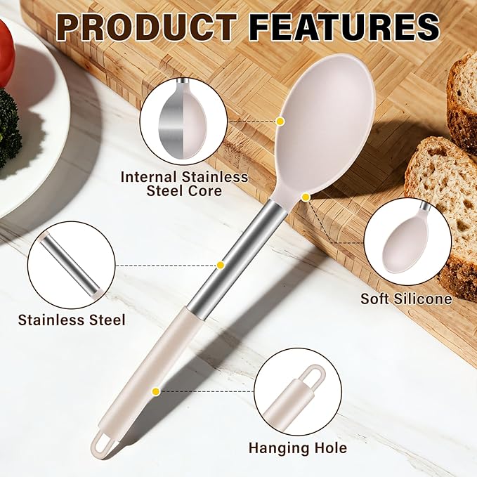 3Pcs Silicone Cooking Spoon Set, Kitchen Utensils Include Solid & Slotted Spoon, Soup Ladle, Food-Grade Heat Resistant 446째F, Non-Scratch Spoons for Serving, Stirring, Draining, Dishwasher Safe, Khaki