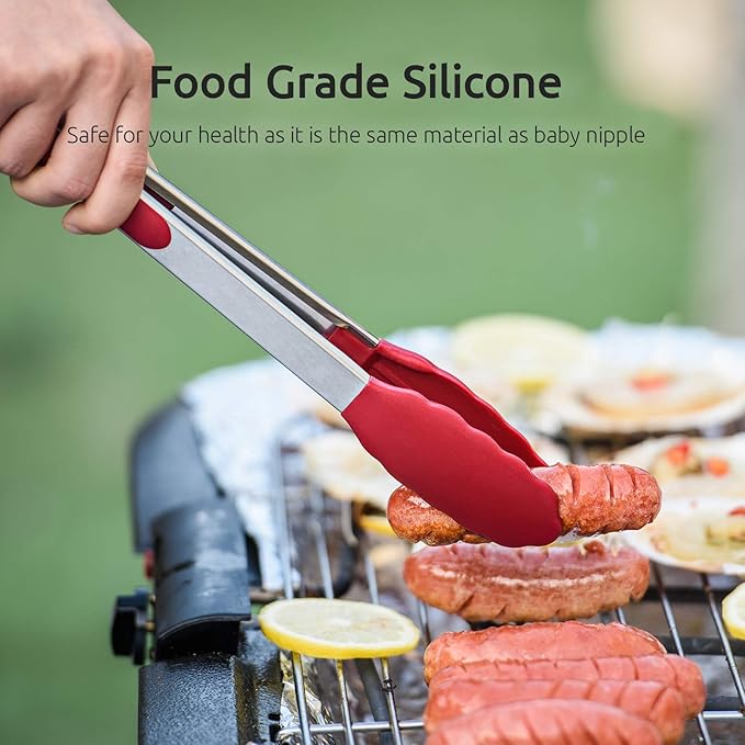 U-Taste Kitchen Tongs, 7/9/12 inches Cooking Tongs, with 600쨘F High Heat-Resistant Non-Stick Silicone Tips, 18/8 Stainless Steel Handle, for Food Grill, Salad, BBQ, Frying, Serving, Pack of 3(Red)
