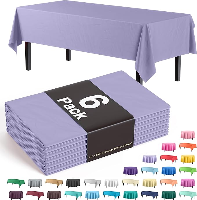 Party Solids Pack Of 6 Premium Plastic Tablecloth 54 Inch x 108 Inch Rectangle Plastic Table Cover - Lavender