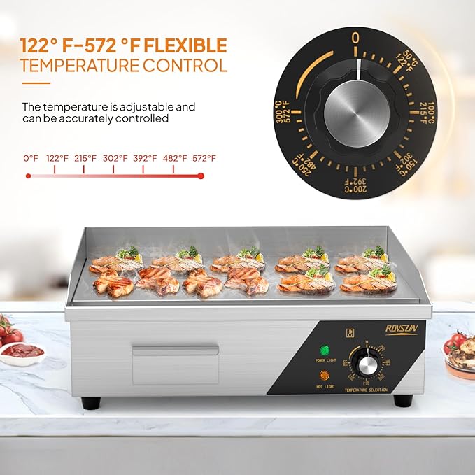 ROVSUN 22" Electric Countertop Flat Top Griddle, 1600W Electric Griddle, Teppanyaki Grill Stainless Steel with Adjustable Temperature Control 122째F-572째F for Home Restaurant Commercial
