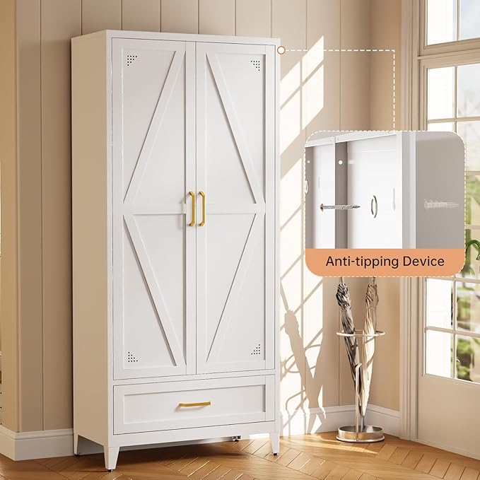 71" White Kitchen Pantry Cabinet,4-Tier Tall Metal Storage Cabinet with Drawer,Freestanding Display Steel Cupboard for Dining Room,Living Room,Hallway,Bathroom