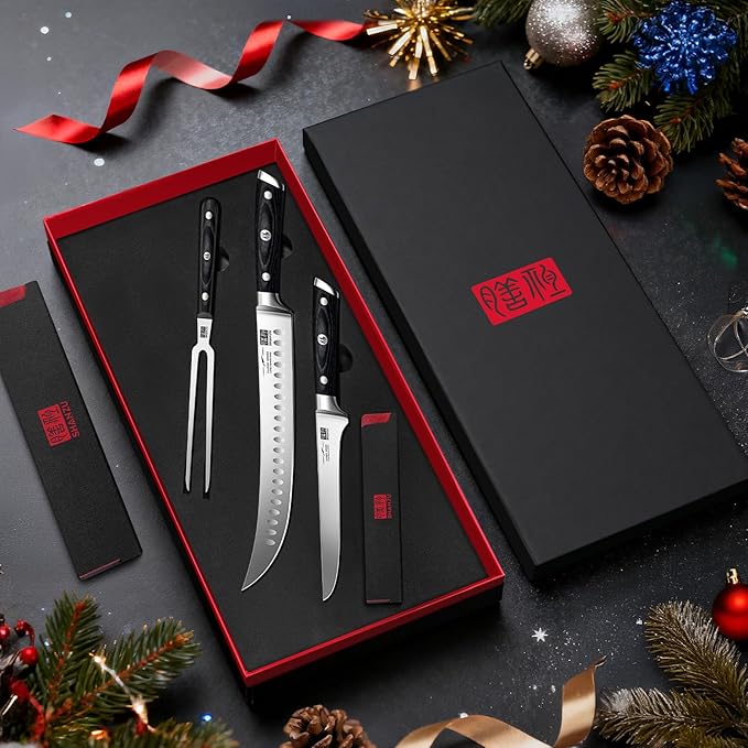 SHAN ZU 3Pcs Carving Knife Set with Sheath ??for Turkey, Meat, BBQ, Brisket, Razor Sharp Slicing Knife, Professional 5Cr15MoV Stainless Steel, Ergonomic Full Tang Wood Handle, Gift Box Included