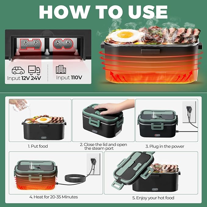 Vidaskeci Electric Lunch Box for Adultss 100W 1.8L Portable Heated Lunch Box for 12V/24V/110V home/Car/Office/Truck,1,8L Removable 304Stainless Steel Container (Black + Green)