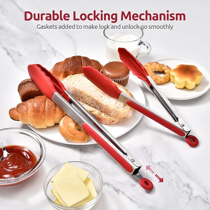 600쨘F Heat Resistant Kitchen Tongs: U-Taste 9+12 inch Silicone Cooking Tong Set with Firm Sealed Non Stick Rubber Tips and Silicon Coated 18/8 Stainless Steel Handle for Serving Grilling Salad(Red)