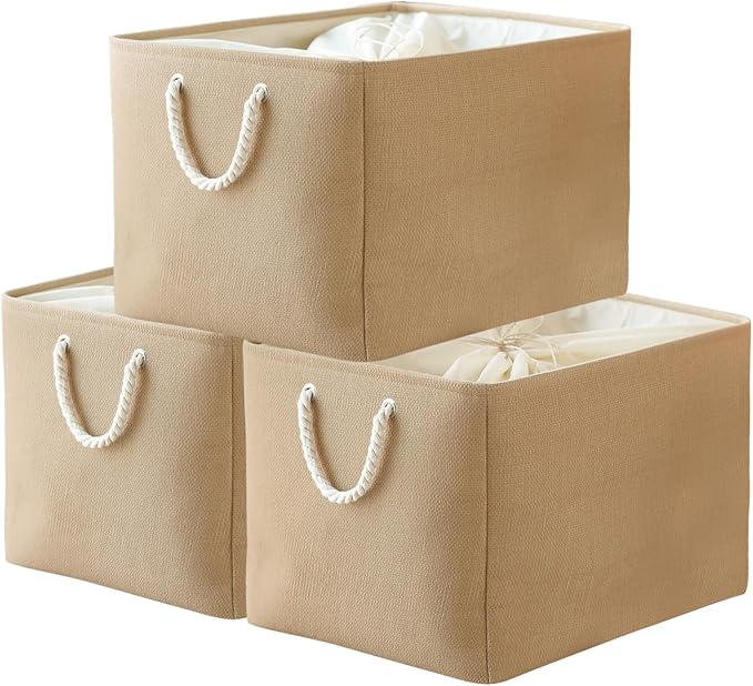 TheWarmHome Storage Bin for Shevles - Extra Jumbo 3Pack 20.5L횞15.7W횞13.8H inch Organization and Storage Basket for Organizing, Fabric Storage Cubes for Closet Shoe Linen Decorative (Beige)