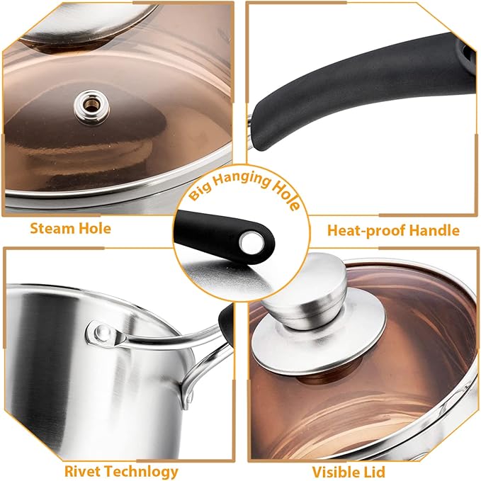 P&P CHEF 3 Quart Saucepan Small Pot, Stainless Steel Saucepan with Lid, Small Sauce Pan for Home Kitchen Restaurant Cooking, Visible Glass lid & Bakelite Heat-Proof Handles,Dishwasher Safe, 1 Pc