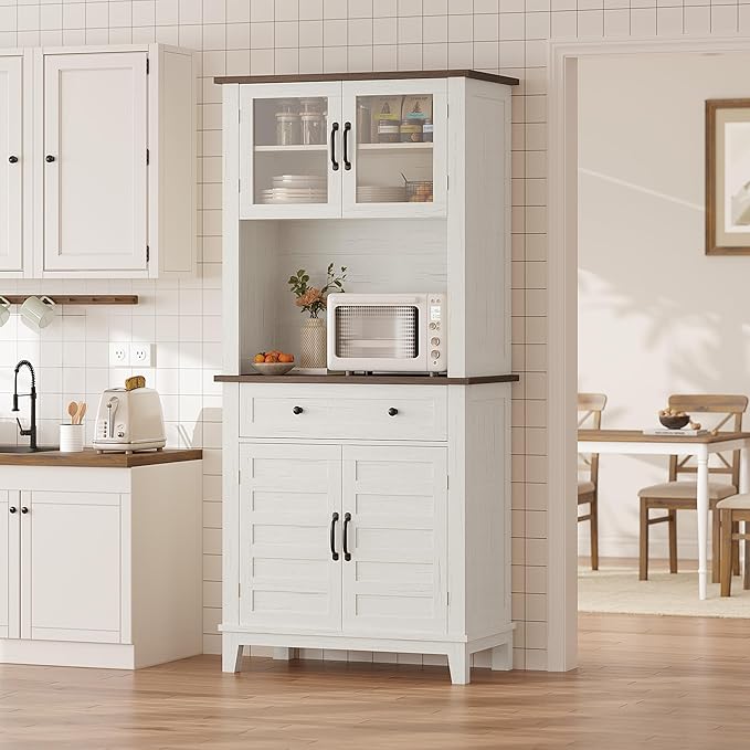Elegant White Modern Wood Pantry Coffee Cabinet with Ample Storage, Spacious 72" Tall Kitchen Bar Cabinet Hutch Featuring 4 Stylish Glass Doors & 1 Smooth Drawer, Versatile Stand-Alone Food Pantry