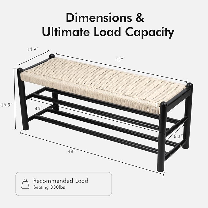 XINNAN Solid Wood Entryway Bench with Shoe Storage, Rustic Oak Wood and Woven Design 45 Inch Long Seating for Living and Dining Rooms, 3-Tier Black