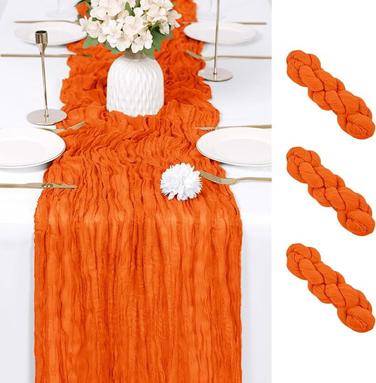 RealBox 3 Pack Orange Cheesecloth Table Runner 17x108 Inch Semi Sheer Boho Gauze Cheese Cloth Fabric Table Runners Table Decor for Wedding Party Baby Shower Birthday Home Decor Garden Farmhouse
