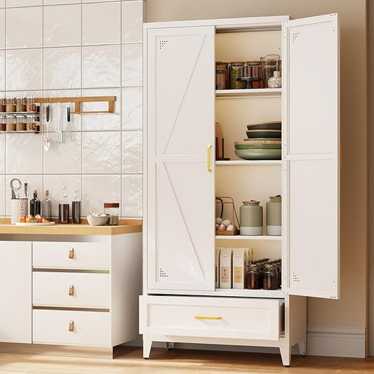71" White Kitchen Pantry Cabinet,4-Tier Tall Metal Storage Cabinet with Drawer,Freestanding Display Steel Cupboard for Dining Room,Living Room,Hallway,Bathroom