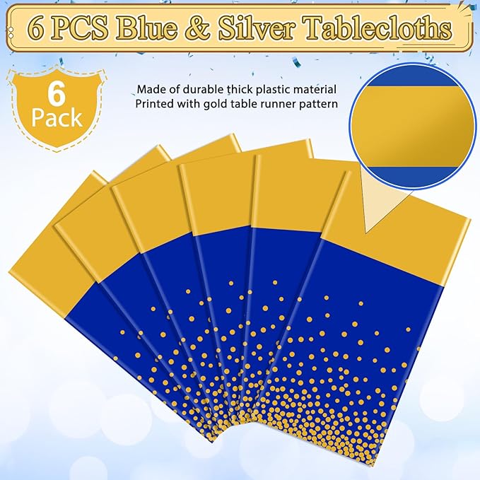 6Pcs Blue and Gold Tablecloth Party Decorations,Plastic Royal Blue Table Cloth Printed Gold Table Runner Disposable Rectangle Table Cover for Birthday Anniversary Wedding Graduation Party,54 x108 Inch