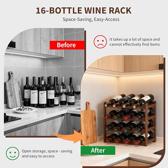 Wine Rack 16-Bottle Capacity, Space-Saving Countertop Wine Storage Organizer ??Sturdy Bamboo Wine Holder for Kitchen, Bar,Cabinets & Pantry, Easy Access & Clutter-Free Organization(4-Tiers)