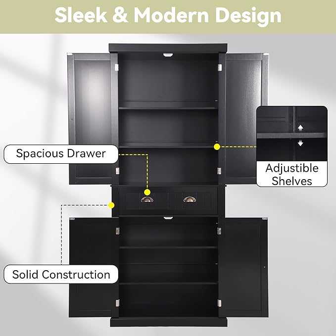 72" Kitchen Pantry Storage Cabinet, Freestanding Cupboard with 2 Cabinets, Drawer and Adjustable Shelves, Tall Storage Cabinet for Kitchen, Dinning Room, Living Room (Black)