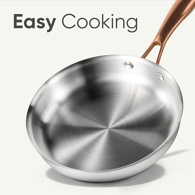 CAROTE 10" Tri-Ply Stainless Steel Frying Pan, Non-Toxic Fry Pan Egg Pan Omelet Pans, Oven Safe, Induction, Ceramic and Gas Cooktops Compatible, Silver