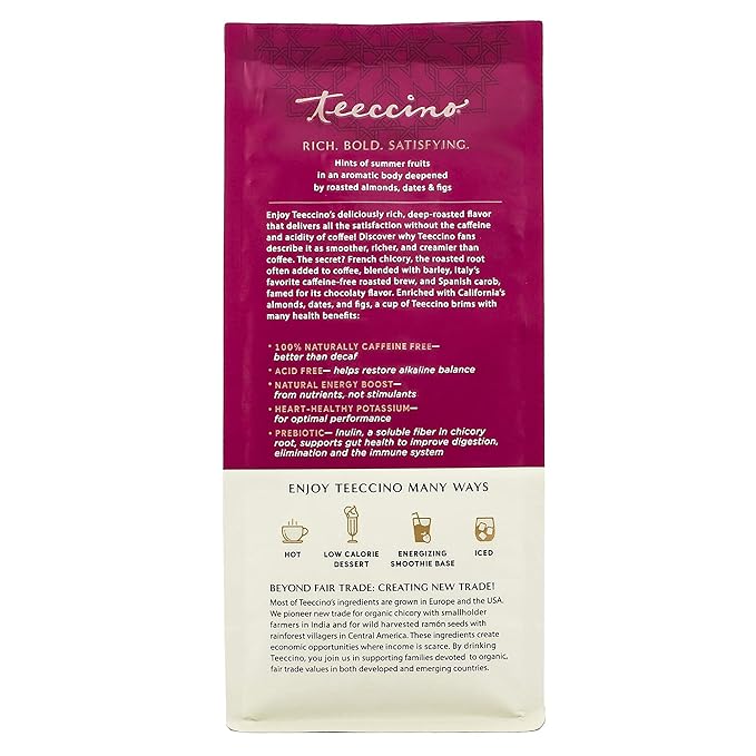 Teeccino Almond Amaretto Chicory Coffee Alternative - 11 Ounce - Ground Herbal Coffee That?™s Prebiotic, Caffeine Free & Acid Free, Medium Roast
